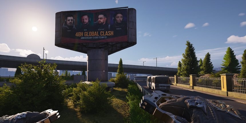 Team EU 48H Global Clash champions billboard on the Airport map in Arena Breakout Infinite, featuring Buggy, ImOW, Rxckstar and SuraFPS